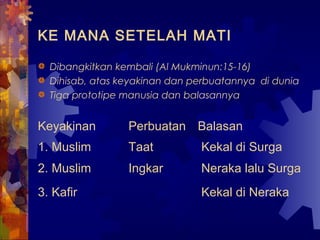 KE MANA SETELAH MATI 
Dibangkitkan kembali (Al Mukminun:15-16) 
Dihisab, atas keyakinan dan perbuatannya di dunia 
Tiga prototipe manusia dan balasannya 
Keyakinan Perbuatan Balasan 
1. Muslim Taat Kekal di Surga 
2. Muslim Ingkar Neraka lalu Surga 
3. Kafir Kekal di Neraka 
 