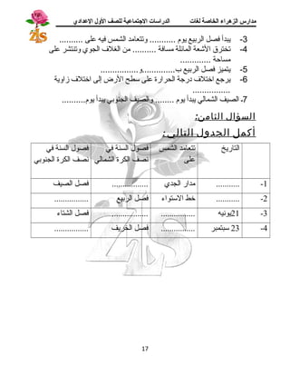 مدارس الزهراء الخاصة لغات الدراسات الجتتماعية للصف الولل العدادي 
-3 يبدأ فصل الربيع يوم ........... وتتعامد الشمس فيه على .......... 
-4 تخترق الشجعة المائلة مسافة .......... من الغلف  الجوي وتنتشر على 
مساحة ............. 
-5 يتميز فصل الربيع ب..............و................ 
-6 يرجع اختلف  درجة الحرارة على ستطح الرض إلى اختلف  زاوية 
................ 
7ـ الصيف الشمالي يبدأ يوم ........ والصيف الجنوبي يبدأ يوم.......... 
السؤال الثامن: 
أكمل الجدول التالي : 
التاريخ تتعامد الشمس 
على 
فصول السنة في 
نصف الكرة الشمالي 
فصول السنة في 
نصف الكرة الجنوبي 
-1 ........... مدار الجدي ................. فصل الصيف 
-2 ........... خط الستتواء فصل الربيع ................ 
21 -3 يونيه ................ ................. فصل الشتاء 
23 -4 ستبتمبر ................ فصل الخريف ................ 
17 
 