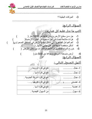 مدارس الزهراء الخاصة لغات الدراسات الجتتماعية للصف الولل العدادي 
........................................................................................ 
-3 الحركات البطيئة ؟ 
........................................................................................ 
السؤال الرابع: 
اكتب م ا تدل عليه كل عبارة : 
-1 جزء من ستطح الرض يزيد ارتفاعه عن 1000 متر ( ) 
-2 هزات متتابعة تحدث في أجزاء معينة من القشرة الرضية( ) 
-3 أهم العوامل الظاهرية التي تشكل ستطح الرض في المناطق الصحراوي( ) 
-4 أماكن منخفضة ضيقة تقع على جانبي النهار ( ) 
-5 خروج المواد المنصهرة والبخرة والغازات من باطن الرض ( ) 
-6 أرض منبسطة ل يرتفع مستواها عن 500 متر( ) 
السؤال الرابع: 
أكمل الجدول التالي : 
-1 جبال .............. تقع في قارة أوروبا . 
-2 جبال .............. تقع في قارة آستيا . 
-3 جبال .............. تقع في قارة أمريكا الجنوبية . 
-4 هضبتي ..........و......... تقع في قارة إفريقيا . 
-5 هضبة ............. تقع في قارة أستيا . 
-6 ستهول ............. من السهول الفيضية . 
23 
 