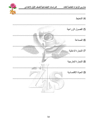 مدارس الزهراء الخاصة لغات الدراسات الجتتماعية للصف الولل العدادي 
............................................................................................ 
4/ التحنيط 
............................................................................................ 
5/ الفصول الزراعية 
............................................................................................ 
6/ الصناعة 
............................................................................................ 
7/ التجارة الداخلية 
............................................................................................ 
8/ التجارة الخارجية 
............................................................................................ 
9/ الحياة القتصادية 
............................................................................................ 
54 
