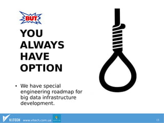 YOU 
ALWAYS 
HAVE 
OPTION 
● We have special 
engineering roadmap for 
big data infrastructure 
development. 
www.vitech.com.ua 13 
 