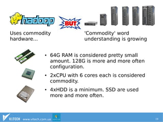 Uses commodity 
hardware... 
'Commodity' word 
understanding is growing 
● 64G RAM is considered pretty small 
amount. 128G is more and more often 
configuration. 
● 2xCPU with 6 cores each is considered 
commodity. 
● 4xHDD is a minimum. SSD are used 
more and more often. 
www.vitech.com.ua 19 
 