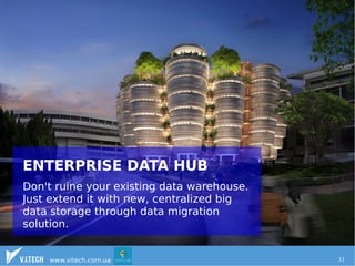 ENTERPRISE DATA HUB 
Don't ruine your existing data warehouse. 
Just extend it with new, centralized big 
data storage through data migration 
solution. 
www.vitech.com.ua 31 
 
