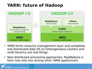 YARN: future of Hadoop 
● YARN forms resource management layer and completes 
real distributed data OS so heterogeneous clusters and 
multi-tenancy are real things. 
● New distributed processing approaches: MapReduce is 
from now only one among other YARN appliactions. 
www.vitech.com.ua 35 
 