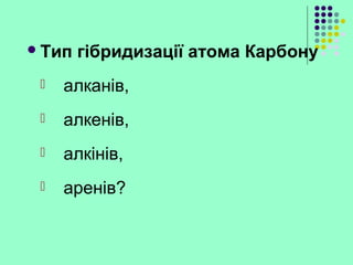 Тип гібридизації атома Карбону
 алканів,
 алкенів,
 алкінів,
 аренів?
 