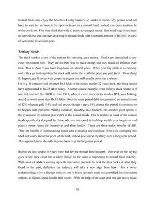 mutual funds also enjoy the benefits of entry barriers i.e. unlike in bonds, any person need not
have to wait for an issue to be open to invest in a mutual fund, instead can enter anytime he
wishes to do so. One may think that with so many advantages mutual funs need huge investment
to start off, but one can start investing in mutual funds with a nominal amount of Rs.500/- in case
of systematic investment plan.
Tertiary Needs
The stock market is one of the options for investing your money. Stocks are unmatched to any
other investment tool. They are the best way to make money and stay ahead of inflation over
time. This is ideal if you have long-term investment goals. When you buy stock in a company
and if they go bankrupt then the stock will not be the worth the price you paid for it. These thing
do happen, gut if invest with proper strategies you will usually come out a winner.
For e.g. If someone had invested Rs.1 lakh in the equity market 22 years back, the thing would
have appreciated to Rs.25 lakhs today. Another classic example is the Infosys stock where in if
one had invested Rs.10000 in June 1993, when it came out with its maiden IPO, your holding
would be worth more than Rs.85 lakhs. Over the same period debt has generated an annual return
of 12% whereas gold 3.4% and real estate, though it gave 10% during this period it continued to
be bogged with problems relating valuation, liquidity, sale proceeds etc. another good option is
the systematic investment plan (SIP) in the mutual funds. This is feature in most of the mutual
funds specifically designed for those who are interested in building wealth over long-term and
plans a better future for themselves and their family. There are three major benefits of SIP.
They are benefit of compounding rupee cost averaging and convince. With cost averaging one
need not worry about the price of the unit, instead just invest regularly over a long-term period.
This approach turns the odds in your favor over the long-term period.
Indeed the last couple of years were bad for the mutual fund industry. However as the saying
goes ‘every dark cloud has a silver lining’ so the same is happening to mutual fund industry.
With most of AMC’s coming up with innovative products to beat the drawbacks of what they
faced in the past, definitely the industry will take a new high from here. For a better
understanding, after a through analysis our in house research team has quantified the investment
options, as figures speak louder than words. With the help of the asset grid one can easily make
58
 