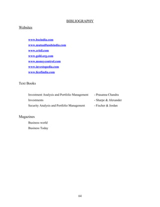 BIBLIOGRAPHY
Websites
www.bseindia.com
www.mutualfundsindia.com
www.crisil.com
www.gold.org.com
www.moneycontrol.com
www.investopedia.com
www.licofindia.com
Text Books
Investment Analysis and Portfolio Management - Prasanna Chandra
Investments - Sharpe & Alexander
Security Analysis and Portfolio Management - Fischer & Jordan
Magazines
Business world
Business Today
64
 