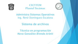 CECYTEM
Plantel Tecámac
Administra Sistemas Operativos
Ing. René Domínguez Escalona
Sistema de archivos
Técnico en programación
Nava González Brenda Arlett
 