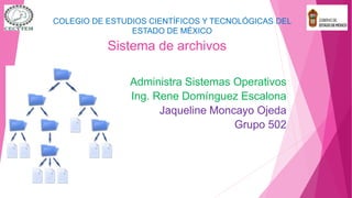 Sistema de archivos
Administra Sistemas Operativos
Ing. Rene Domínguez Escalona
Jaqueline Moncayo Ojeda
Grupo 502
COLEGIO DE ESTUDIOS CIENTÍFICOS Y TECNOLÓGICAS DEL
ESTADO DE MÉXICO
 