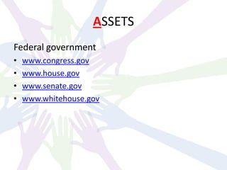 ASSETS
Federal government
• www.congress.gov
• www.house.gov
• www.senate.gov
• www.whitehouse.gov
 