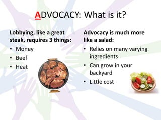 ADVOCACY: What is it?
Lobbying, like a great
steak, requires 3 things:
• Money
• Beef
• Heat
Advocacy is much more
like a salad:
• Relies on many varying
ingredients
• Can grow in your
backyard
• Little cost
 