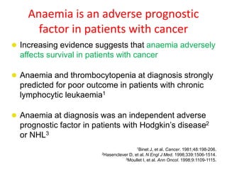 Anaemia is an adverse prognostic
factor in patients with cancer
 Increasing evidence suggests that anaemia adversely
affects survival in patients with cancer
 Anaemia and thrombocytopenia at diagnosis strongly
predicted for poor outcome in patients with chronic
lymphocytic leukaemia1
 Anaemia at diagnosis was an independent adverse
prognostic factor in patients with Hodgkin’s disease2
or NHL3
1Binet J, et al. Cancer. 1981;48:198-206.
2Hasenclever D, et al. N Engl J Med. 1998;339:1506-1514.
3Moullet I, et al. Ann Oncol. 1998;9:1109-1115.
 