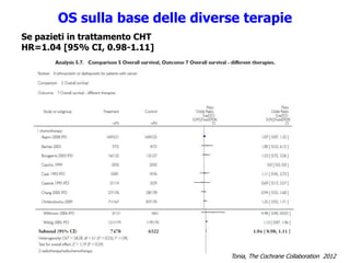 OS sulla base delle diverse terapie
Se pazieti in trattamento CHT
HR=1.04 [95% CI, 0.98-1.11]
Tonia, The Cochrane Collaboration 2012
 