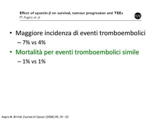 • Maggiore incidenza di eventi tromboembolici
– 7% vs 4%
• Mortalità per eventi tromboembolici simile
– 1% vs 1%
Aapro M. British Journal of Cancer (2008) 99, 14 – 22
 