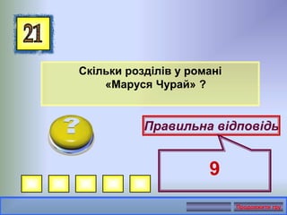 Скільки розділів у романі
«Маруся Чурай» ?
Правильна відповідь
9
Продовжити гру
 