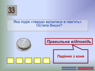 Яка подія «твердо врізалася в пам’ять»
Остапа Вишні?
Правильна відповідь
Падіння з коня
Продовжити гру
 
