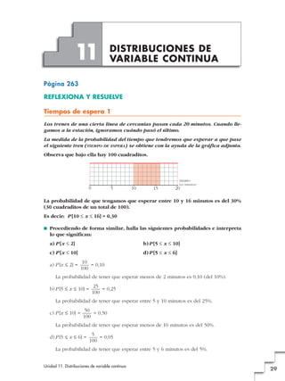 Unidad 11. Distribuciones de variable continua
29
Página 263
REFLEXIONA Y RESUELVE
Tiempos de espera 1
Los trenes de una cierta línea de cercanías pasan cada 20 minutos. Cuando lle-
gamos a la estación, ignoramos cuándo pasó el último.
La medida de la probabilidad del tiempo que tendremos que esperar a que pase
el siguiente tren (TIEMPO DE ESPERA) se obtiene con la ayuda de la gráfica adjunta.
Observa que bajo ella hay 100 cuadraditos.
La probabilidad de que tengamos que esperar entre 10 y 16 minutos es del 30%
(30 cuadraditos de un total de 100).
Es decir: P [10 Ì x Ì 16] = 0,30
■ Procediendo de forma similar, halla las siguientes probabilidades e interpreta
lo que significan:
a) P [x Ì 2] b)P [5 Ì x Ì 10]
c) P [x Ì 10] d)P [5 Ì x Ì 6]
a) P [x Ì 2] = = 0,10
La probabilidad de tener que esperar menos de 2 minutos es 0,10 (del 10%).
b) P [5 Ì x Ì 10] = = 0,25
La probabilidad de tener que esperar entre 5 y 10 minutos es del 25%.
c) P [x Ì 10] = = 0,50
La probabilidad de tener que esperar menos de 10 minutos es del 50%.
d) P [5 Ì x Ì 6] = = 0,05
La probabilidad de tener que esperar entre 5 y 6 minutos es del 5%.
5
100
50
100
25
100
10
100
TIEMPO
(en minutos)
0 5 10 15 20
DISTRIBUCIONES DE
VARIABLE CONTINUA11
 