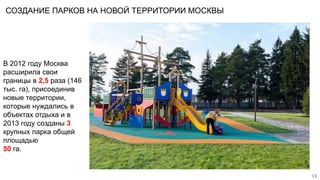 СОЗДАНИЕ ПАРКОВ НА НОВОЙ ТЕРРИТОРИИ МОСКВЫ
13
В 2012 году Москва
расширила свои
границы в 2,5 раза (146
тыс. га), присоединив
новые территории,
которые нуждались в
объектах отдыха и в
2013 году созданы 3
крупных парка общей
площадью
50 га.
 