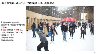 СОЗДАНИЕ ИНДУСТРИИ ЗИМНЕГО ОТДЫХА
16
В текущем зимнем
сезоне в городе открыто
почти
1 600 катков и 675 км.
сети лыжных трасс, из
которых 50 %
оборудованы
освещением.
 