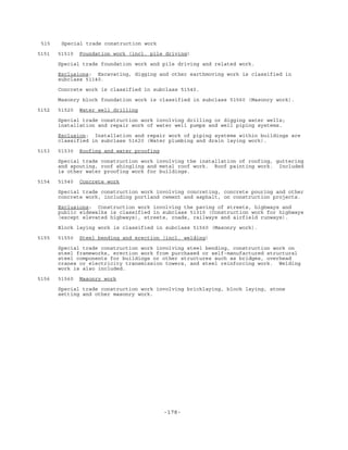 -178-
515 Special trade construction work
5151 51510 Foundation work (incl. pile driving)
Special trade foundation work and pile driving and related work.
Exclusions: Excavating, digging and other earthmoving work is classified in
subclass 51140.
Concrete work is classified in subclass 51540.
Masonry block foundation work is classified in subclass 51560 (Masonry work).
5152 51520 Water well drilling
Special trade construction work involving drilling or digging water wells;
installation and repair work of water well pumps and well piping systems.
Exclusion: Installation and repair work of piping systems within buildings are
classified in subclass 51620 (Water plumbing and drain laying work).
5153 51530 Roofing and water proofing
Special trade construction work involving the installation of roofing, guttering
and spouting, roof shingling and metal roof work. Roof painting work. Included
is other water proofing work for buildings.
5154 51540 Concrete work
Special trade construction work involving concreting, concrete pouring and other
concrete work, including portland cement and asphalt, on construction projects.
Exclusions: Construction work involving the paving of streets, highways and
public sidewalks is classified in subclass 51310 (Construction work for highways
(except elevated highways), streets, roads, railways and airfield runways).
Block laying work is classified in subclass 51560 (Masonry work).
5155 51550 Steel bending and erection (incl. welding)
Special trade construction work involving steel bending, construction work on
steel frameworks, erection work from purchased or self-manufactured structural
steel components for buildings or other structures such as bridges, overhead
cranes or electricity transmission towers, and steel reinforcing work. Welding
work is also included.
5156 51560 Masonry work
Special trade construction work involving bricklaying, block laying, stone
setting and other masonry work.
 