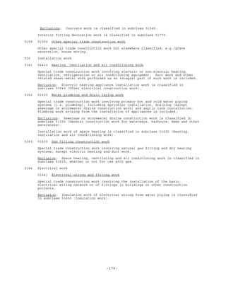-179-
Exclusions: Concrete work is classified in subclass 51540.
Interior fitting decoration work is classified in subclass 51770.
5159 51590 Other special trade construction work
Other special trade construction work not elsewhere classified, e.g./grave
excavation, house moving.
516 Installation work
5161 51610 Heating, ventilation and air conditioning work
Special trade construction work involving electric or non-electric heating,
ventilation, refrigeration or air conditioning equipment. Duct work and other
related sheet-metal work performed as an integral part of such work is included.
Exclusion: Electric heating appliance installation work is classified in
subclass 51649 (Other electrical construction work).
5162 51620 Water plumbing and drain laying work
Special trade construction work involving primary hot and cold water piping
systems (i.e. plumbing), including sprinkler installation, draining (except
sewerage or stormwater drains construction work) and septic tank installation.
Plumbing work arising from the installation of appliances is included.
Exclusions: Sewerage or stormwater drains construction work is classified in
subclass 51330 (General construction work for waterways, harbours, dams and other
waterworks).
Installation work of space heating is classified in subclass 51610 (Heating,
ventilation and air conditioning work).
5163 51630 Gas fitting construction work
Special trade construction work involving natural gas fitting and dry heating
systems, except electric heating and duct work.
Exclusion: Space heating, ventilating and air conditioning work is classified in
subclass 51610, whether or not for use with gas.
5164 Electrical work
51641 Electrical wiring and fitting work
Special trade construction work involving the installation of the basic
electrical wiring network or of fittings in buildings or other construction
projects.
Exclusion: Insulation work of electrical wiring from water piping is classified
in subclass 51650 (Insulation work).
 