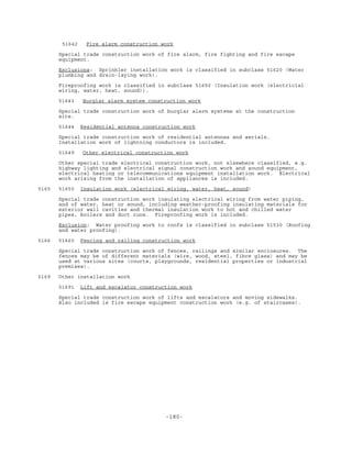 -180-
51642 Fire alarm construction work
Special trade construction work of fire alarm, fire fighting and fire escape
equipment.
Exclusions: Sprinkler installation work is classified in subclass 51620 (Water
plumbing and drain-laying work).
Fireproofing work is classified in subclass 51650 (Insulation work (electricial
wiring, water, heat, sound)).
51643 Burglar alarm system construction work
Special trade construction work of burglar alarm systems at the construction
site.
51644 Residential antenna construction work
Special trade construction work of residential antennas and aerials.
Installation work of lightning conductors is included.
51649 Other electrical construction work
Other special trade electrical construction work, not elsewhere classified, e.g.
highway lighting and electrical signal construction work and sound equipment,
electrical heating or telecommunications equipment installation work. Electrical
work arising from the installation of appliances is included.
5165 51650 Insulation work (electrical wiring, water, heat, sound)
Special trade construction work insulating electrical wiring from water piping,
and of water, heat or sound, including weather-proofing insulating materials for
exterior wall cavities and thermal insulation work to hot and chilled water
pipes, boilers and duct runs. Fireproofing work is included.
Exclusion: Water proofing work to roofs is classified in subclass 51530 (Roofing
and water proofing).
5166 51660 Fencing and railing construction work
Special trade construction work of fences, railings and similar enclosures. The
fences may be of different materials (wire, wood, steel, fibre glass) and may be
used at various sites (courts, playgrounds, residential properties or industrial
premises).
5169 Other installation work
51691 Lift and escalator construction work
Special trade construction work of lifts and escalators and moving sidewalks.
Also included is fire escape equipment construction work (e.g. of staircases).
 