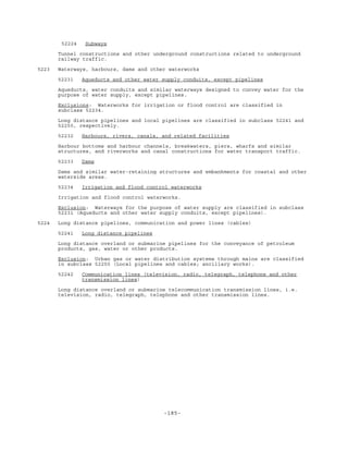 -185-
52224 Subways
Tunnel constructions and other underground constructions related to underground
railway traffic.
5223 Waterways, harbours, dams and other waterworks
52231 Aqueducts and other water supply conduits, except pipelines
Aqueducts, water conduits and similar waterways designed to convey water for the
purpose of water supply, except pipelines.
Exclusions: Waterworks for irrigation or flood control are classified in
subclass 52234.
Long distance pipelines and local pipelines are classified in subclass 52241 and
52250, respectively.
52232 Harbours, rivers, canals, and related facilities
Harbour bottoms and harbour channels, breakwaters, piers, wharfs and similar
structures, and riverworks and canal constructions for water transport traffic.
52233 Dams
Dams and similar water-retaining structures and embankments for coastal and other
waterside areas.
52234 Irrigation and flood control waterworks
Irrigation and flood control waterworks.
Exclusion: Waterways for the purpose of water supply are classified in subclass
52231 (Aqueducts and other water supply conduits, except pipelines).
5224 Long distance pipelines, communication and power lines (cables)
52241 Long distance pipelines
Long distance overland or submarine pipelines for the conveyance of petroleum
products, gas, water or other products.
Exclusion: Urban gas or water distribution systems through mains are classified
in subclass 52250 (Local pipelines and cables; ancillary works).
52242 Communication lines (television, radio, telegraph, telephone and other
transmission lines)
Long distance overland or submarine telecommunication transmission lines, i.e.
television, radio, telegraph, telephone and other transmission lines.
 