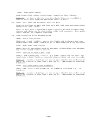 -186-
52243 Power lines (cables)
Long distance high-tension electric power transmission lines (cables).
Exclusion: Low-tension electric power distribution lines are classified in
subclass 52250 (Local pipelines and cables; ancillary works).
5225 52250 Local pipelines and cables; ancillary works
Local gas pipelines and water and sewer mains and local power and communication
transmission lines (cables).
Ancillary works such as transmission towers including antennas and transformer
stations and substations for distribution within local boundaries. Local public
utility systems, not elsewhere classified.
5226 Constructions for mining and manufacture
52261 Mining constructions
Mining and related facilities, such as mine loading and discharging stations,
winding-shafts and towers, tunnels and drifts associated with mining operations.
52262 Power plant constructions
Heavy electrical generating plants and equipment including plants and equipment
for nuclear-powered generating stations.
52263 Chemical and related facilities
Chemical and related plant facilities, e.g. blast furnaces and coke ovens, for
manufacture of basic chemicals, compounds, pharmaceuticals and other chemicals.
Exclusion: Industrial buildings that are not specialized to the manufacture of
particular products are classified in subclass 52121 (Warehouses and industrial
buildings).
52269 Other constructions for manufacture
Specialized facilities for manufacture, not elsewhere classified, e.g. iron
foundries.
Exclusion: Industrial buildings that are not specialized to the manufacture of
particular products are classified in subclass 52121 (Warehouses and industrial
buildings).
 
