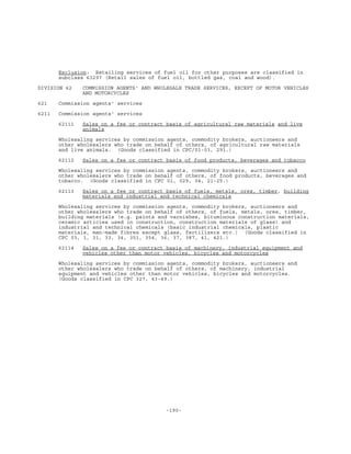 -190-
Exclusion: Retailing services of fuel oil for other purposes are classified in
subclass 63297 (Retail sales of fuel oil, bottled gas, coal and wood).
DIVISION 62 COMMISSION AGENTS' AND WHOLESALE TRADE SERVICES, EXCEPT OF MOTOR VEHICLES
AND MOTORCYCLES
621 Commission agents' services
6211 Commission agents' services
62111 Sales on a fee or contract basis of agricultural raw materials and live
animals
Wholesaling services by commission agents, commodity brokers, auctioneers and
other wholesalers who trade on behalf of others, of agricultural raw materials
and live animals. (Goods classified in CPC/01-03, 291.)
62112 Sales on a fee or contract basis of food products, beverages and tobacco
Wholesaling services by commission agents, commodity brokers, auctioneers and
other wholesalers who trade on behalf of others, of food products, beverages and
tobacco. (Goods classified in CPC 01, 029, 04, 21-25.)
62113 Sales on a fee or contract basis of fuels, metals, ores, timber, building
materials and industrial and technical chemicals
Wholesaling services by commission agents, commodity brokers, auctioneers and
other wholesalers who trade on behalf of others, of fuels, metals, ores, timber,
building materials (e.g. paints and varnishes, bituminous construction materials,
ceramic articles used in construction, construction materials of glass) and
industrial and technical chemicals (basic industrial chemicals, plastic
materials, man-made fibres except glass, fertilizers etc.) (Goods classified in
CPC 03, 1, 31, 33, 34, 351, 354, 36, 37, 387, 41, 421.)
62114 Sales on a fee or contract basis of machinery, industrial equipment and
vehicles other than motor vehicles, bicycles and motorcycles
Wholesaling services by commission agents, commodity brokers, auctioneers and
other wholesalers who trade on behalf of others, of machinery, industrial
equipment and vehicles other than motor vehicles, bicycles and motorcycles.
(Goods classified in CPC 327, 43-49.)
 