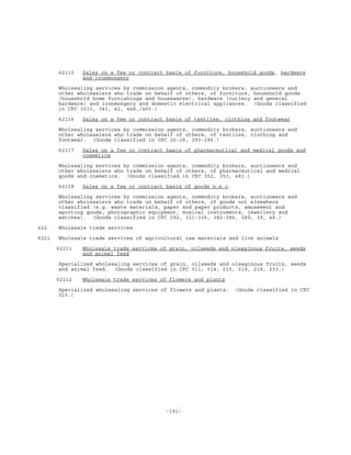 -191-
62115 Sales on a fee or contract basis of furniture, household goods, hardware
and ironmongery
Wholesaling services by commission agents, commodity brokers, auctioneers and
other wholesalers who trade on behalf of others, of furniture, household goods
(household home furnishings and housewares), hardware (cutlery and general
hardware) and ironmongery and domestic electrical appliances. (Goods classified
in CPC 3533, 381, 42, 448,/465.)
62116 Sales on a fee or contract basis of textiles, clothing and footwear
Wholesaling services by commission agents, commodity brokers, auctioneers and
other wholesalers who trade on behalf of others, of textiles, clothing and
footwear. (Goods classified in CPC 26-28, 293-296.)
62117 Sales on a fee or contract basis of pharmaceutical and medical goods and
cosmetics
Wholesaling services by commission agents, commodity brokers, auctioneers and
other wholesalers who trade on behalf of others, of pharmaceutical and medical
goods and cosmetics. (Goods classified in CPC 352, 353, 481.)
62118 Sales on a fee or contract basis of goods n.e.c.
Wholesaling services by commission agents, commodity brokers, auctioneers and
other wholesalers who trade on behalf of others, of goods not elsewhere
classified (e.g. waste materials, paper and paper products, amusement and
sporting goods, photographic equipment, musical instruments, jewellery and
watches). (Goods classified in CPC 292, 321-326, 382-386, 389, 39, 48.)
622 Wholesale trade services
6221 Wholesale trade services of agricultural raw materials and live animals
62211 Wholesale trade services of grain, oilseeds and oleaginous fruits, seeds
and animal feed
Specialized wholesaling services of grain, oilseeds and oleaginous fruits, seeds
and animal feed. (Goods classified in CPC 011, 014, 015, 019, 218, 233.)
62212 Wholesale trade services of flowers and plants
Specialized wholesaling services of flowers and plants. (Goods classified in CPC
015.)
 