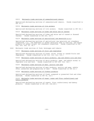 -192-
62213 Wholesale trade services of unmanufactured tobacco
Specialized wholesaling services of unmanufactured tobacco. (Goods classified in
CPC 017.)
62214 Wholesale trade services of live animals
Specialized wholesaling services of live animals. (Goods classified in CPC 021.)
62215 Wholesale trade services of hides and skins and of leather
Specialized wholesaling services of hides and skins and of tanned or dressed
leather. (Goods classified in CPC 291, 297.)
62219 Wholesale trade services of agricultural raw materials n.e.c.
Specialized wholesaling services of agricultural raw materials not elsewhere
classified, e.g., raw vegetable or animal materials used in textiles, and edible
products of animal origin, not elsewhere classified. (Goods classified in CPC
018, 019, 029, 03, 04.)
6222 Wholesale trade services of food, beverages and tobacco
62221 Wholesale trade services of fruit and vegetables
Specialized wholesaling services of fresh, dried, frozen or canned fruits and
vegetables. (Goods classified in CPC 012, 013, 213, 215.)
62222 Wholesale trade services of dairy products, egg and edible oils and fats
Specialized wholesaling services of dairy products, eggs, and edible animal or
vegetable oils and fats. (Goods classified in CPC 029, 216, 022.)
62223 Wholesale trade services of meat, poultry and game
Specialized wholesaling services of meat products, poultry and game, edible
offal, preserves and preparations of meat. (Goods classified in CPC 211.)
62224 Wholesale trade services of fishery products
Specialized wholesaling services of fresh, prepared or preserved fish and other
seafoods. (Goods classified in CPC 04, 212.)
62225 Wholesale trade services of sugar, sugar and flour confectionery and
bakery products
Specialized wholesaling services of sugars, flour confectionery and bakery
products. (Goods classified in CPC 232, 234-236.)
 