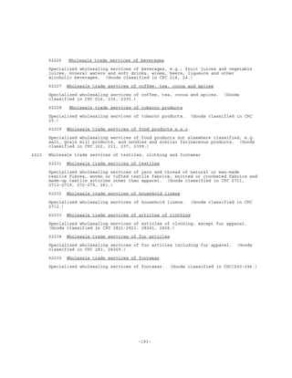 -193-
62226 Wholesale trade services of beverages
Specialized wholesaling services of beverages, e.g., fruit juices and vegetable
juices, mineral waters and soft drinks, wines, beers, liqueurs and other
alcoholic beverages. (Goods classified in CPC 214, 24.)
62227 Wholesale trade services of coffee, tea, cocoa and spices
Specialized wholesaling services of coffee, tea, cocoa and spices. (Goods
classified in CPC 016, 236, 2391.)
62228 Wholesale trade services of tobacco products
Specialized wholesaling services of tobacco products. (Goods classified in CPC
25.)
62229 Wholesale trade services of food products n.e.c.
Specialized wholesaling services of food products not elsewhere classified, e.g.
salt, grain mill products, and noodles and similar farinaceous products. (Goods
classified in CPC 162, 231, 237, 2399.)
6223 Wholesale trade services of textiles, clothing and footwear
62231 Wholesale trade services of textiles
Specialized wholesaling services of yarn and thread of natural or man-made
textile fibres, woven or tufted textile fabrics, knitted or crocheted fabrics and
made-up textile articles other than apparel. (Goods classified in CPC 2711,
2713-2719, 272-279, 281.)
62232 Wholesale trade services of household linens
Specialized wholesaling services of household linens. (Goods classified in CPC
2712.)
62233 Wholesale trade services of articles of clothing
Specialized wholesaling services of articles of clothing, except fur apparel.
(Goods classified in CPC 2821-2823, 28241, 2825.)
62234 Wholesale trade services of fur articles
Specialized wholesaling services of fur articles including fur apparel. (Goods
classified in CPC 283, 28269.)
62235 Wholesale trade services of footwear
Specialized wholesaling services of footwear. (Goods classified in CPC/293-296.)
 