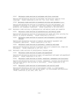 -195-
62247 Wholesale trade services of wallpaper and floor coverings
Specialized wholesaling services of wallpaper and materials used for floor
coverings. (Goods classified in CPC 272, 316, 3219, 36910, 38930.)
62249 Wholesale trade services of household articles and equipment n.e.c.
Specialized wholesaling services of household articles and equipment, not
elsewhere classified, e.g. hand tools and other domestic fabricated metal
products, not elsewhere classified. (Goods classified in CPC 4292-4299.)
6225 Wholesale trade services of pharmaceutical and medical goods and cosmetics
62251 Wholesale trade services of pharmaceutical and medical goods
Specialized wholesaling services of pharmaceutical goods and other articles for
medical or surgical purposes. (Goods classified in CPC/352.)
62252 Wholesale trade services of surgical and orthopaedic instruments and
devices
Specialized wholesaling services of medical and surgical equipment and
orthopaedic appliances. (Goods classified in CPC 481.)
62253 Wholesale trade services of perfumery, cosmetics and soaps
Specialized wholesaling services of perfume and toilet preparations, soaps and
detergents. (Goods classified in CPC 3531, 3532.)
6226 Wholesale trade services of miscellaneous consumer goods
62261 Wholesale trade services of paper and paperboard
Specialized wholesaling services of paper and paperboard and paper and paperboard
products. (Goods classified in CPC 321.)
62262 Wholesale trade services of books, magazines, newspapers and stationery
Specialized wholesaling services of books, newspapers, journals and periodicals,
other printed matter and articles of stationery. (Goods classified in CPC
322-326, 3891.)
62263 Wholesale trade services of photographic and optical goods
Specialized wholesaling services of photographic goods, e.g./photographic
equipment, plates and film, and optical goods, e.g./microscopes and binoculars.
(Goods classified in CPC 3894, 3895, 483.)
 