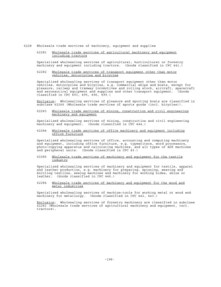 -198-
6228 Wholesale trade services of machinery, equipment and supplies
62281 Wholesale trade services of agricultural machinery and equipment
including tractors
Specialized wholesaling services of agricultural, horticultural or forestry
machinery and equipment including tractors. (Goods classified in CPC 441.)
62282 Wholesale trade services of transport equipment other than motor
vehicles, motorcycles and bicycles
Specialized wholesaling services of transport equipment other than motor
vehicles, motorcycles and bicycles, e.g. commercial ships and boats, except for
pleasure, railway and tramway locomotives and rolling stock, aircraft, spacecraft
and aeronautical equipment and supplies and other transport equipment. (Goods
classified in CPC 493, 495, 496, 499.)
Exclusion: Wholesaling services of pleasure and sporting boats are classified in
subclass 62266 (Wholesale trade services of sports goods (incl. bicycles)).
62283 Wholesale trade services of mining, construction and civil engineering
machinery and equipment
Specialized wholesaling services of mining, construction and civil engineering
machinery and equipment. (Goods classified in CPC 444.)
62284 Wholesale trade services of office machinery and equipment including
office furniture
Specialized wholesaling services of office, accounting and computing machinery
and equipment, including office furniture, e.g. typewriters, word processors,
photo-copying apparatus and calculating machines, and all types of ADP machines
and peripheral units. (Goods classified in CPC 45.)
62285 Wholesale trade services of machinery and equipment for the textile
industry
Specialized wholesaling services of machinery and equipment for textile, apparel
and leather production, e.g. machinery for preparing, spinning, weaving and
knitting textiles, sewing machines and machinery for working hides, skins or
leather. (Goods classified in CPC 446.)
62286 Wholesale trade services of machinery and equipment for the wood and
metal industries
Specialized wholesaling services of machine-tools for working metal or wood and
machinery for metallurgy. (Goods classified in CPC 442, 443.)
Exclusion: Wholesaling services of forestry machinery are classified in subclass
62281 (Wholesale trade services of agricultural machinery and equipment, incl.
tractors).
 
