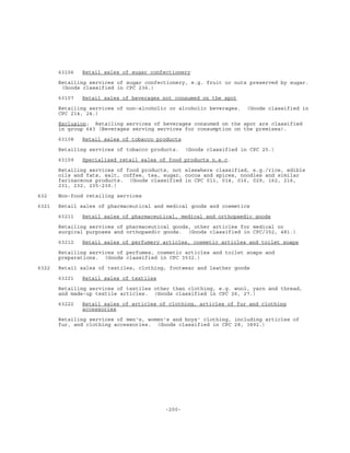 -200-
63106 Retail sales of sugar confectionery
Retailing services of sugar confectionery, e.g. fruit or nuts preserved by sugar.
(Goods classified in CPC 236.)
63107 Retail sales of beverages not consumed on the spot
Retailing services of non-alcoholic or alcoholic beverages. (Goods classified in
CPC 214, 24.)
Exclusion: Retailing services of beverages consumed on the spot are classified
in group 643 (Beverages serving services for consumption on the premises).
63108 Retail sales of tobacco products
Retailing services of tobacco products. (Goods classified in CPC 25.)
63109 Specialized retail sales of food products n.e.c.
Retailing services of food products, not elsewhere classified, e.g./rice, edible
oils and fats, salt, coffee, tea, sugar, cocoa and spices, noodles and similar
farinaceous products. (Goods classified in CPC 011, 014, 016, 029, 162, 216,
231, 232, 235-239.)
632 Non-food retailing services
6321 Retail sales of pharmaceutical and medical goods and cosmetics
63211 Retail sales of pharmaceutical, medical and orthopaedic goods
Retailing services of pharmaceutical goods, other articles for medical or
surgical purposes and orthopaedic goods. (Goods classified in CPC/352, 481.)
63212 Retail sales of perfumery articles, cosmetic articles and toilet soaps
Retailing services of perfumes, cosmetic articles and toilet soaps and
preparations. (Goods classified in CPC 3532.)
6322 Retail sales of textiles, clothing, footwear and leather goods
63221 Retail sales of textiles
Retailing services of textiles other than clothing, e.g. wool, yarn and thread,
and made-up textile articles. (Goods classified in CPC 26, 27.)
63222 Retail sales of articles of clothing, articles of fur and clothing
accessories
Retailing services of men's, women's and boys' clothing, including articles of
fur, and clothing accessories. (Goods classified in CPC 28, 3892.)
 
