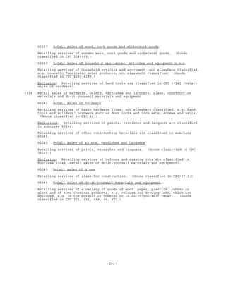 -202-
63237 Retail sales of wood, cork goods and wickerwork goods
Retailing services of wooden ware, cork goods and wickerwork goods. (Goods
classified in CPC 314-319.)
63239 Retail sales of household appliances, articles and equipment n.e.c.
Retailing services of household articles and equipment, not elsewhere classified,
e.g. domestic fabricated metal products, not elsewhere classified. (Goods
classified in CPC 4292-4299.)
Exclusion: Retailing services of hand tools are classified in CPC 63241 (Retail
sales of hardware).
6324 Retail sales of hardware, paints, varnishes and lacquers, glass, construction
materials and do-it-yourself materials and equipment
63241 Retail sales of hardware
Retailing services of basic hardware lines, not elsewhere classified, e.g. hand
tools and builders' hardware such as door locks and lock sets, screws and nails.
(Goods classified in CPC 42.)
Exclusions: Retailing services of paints, varnishes and lacquers are classified
in subclass 63242.
Retailing services of other construction materials are classified in subclass
63245.
63242 Retail sales of paints, varnishes and lacquers
Retailing services of paints, varnishes and lacquers. (Goods classified in CPC
35110.)
Exclusion: Retailing services of colours and drawing inks are classified in
subclass 63244 (Retail sales of do-it-yourself materials and equipment).
63243 Retail sales of glass
Retailing services of glass for construction. (Goods classified in CPC/3711.)
63244 Retail sales of do-it-yourself materials and equipment
Retailing services of a variety of goods of wood, paper, plastics, rubber or
glass and of some chemical products, e.g. colours and drawing inks, which are
employed, e.g. in the pursuit of hobbies or in do-it-yourself repair. (Goods
classified in CPC 321, 351, 354, 36, 371.)
 