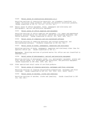 -203-
63245 Retail sales of construction materials n.e.c.
Retailing services of construction materials, not elsewhere classified, e.g.
lumber, structural metal products, and other non-metallic structural products.
(Goods classified in CPC 15, 311-313, 373-379, 421.)
6325 Retail sales of office equipment, books, newspapers and stationery and
photographic, optical and precision equipment
63251 Retail sales of office supplies and equipment
Retailing services of office supplies and equipment, e.g. paper and paperboard
products, printed matter for the office, office and accounting machinery, and
office furniture. (Goods classified in CPC/32, 351, 3812, 3891, 451.)
63252 Retail sales of computers and non-customized software
Retailing services of computing machinery and related accessories, and
non-customized software. (Products classified in CPC 452, 842.)
63253 Retail sales of books, newspapers, magazines and stationery
Retailing services of books, newspapers, magazines and stationery other than for
specific office use. (Goods classified in CPC 32.)
Exclusion: Retailing services of printed matter for office use are classified in
subclass 63251.
63254 Retail sales of photographic, optical and precision equipment
Retailing services of photographic goods, e.g. photographic equipment, plates and
film, optical goods, e.g. microscopes and binoculars, and precision equipment.
(Goods classified in CPC 3894, 3895, 482, 483.)
6329 Other specialized retail sales of non-food products
63291 Retail sales of cleaning materials, wallpaper and floor coverings
Retailing services of cleaning and polishing preparations, wallpaper and floor
coverings. (Goods classified in CPC 272, 316, 3219, 3533, 36910, 38930.)
63292 Retail sales of watches, clocks and jewellery
Retailing services of watches, clocks and jewellery. (Goods classified in CPC
163, 382, 484.)
 
