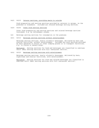 -208-
6423 64230 Caterer services, providing meals to outside
Food preparation and serving services provided by caterers to groups, on the
premises or elsewhere. Included are related beverage serving services.
6429 64290 Other food serving services
Other food preparation and serving services and related beverage services
furnished, e.g. by refreshment stands.
643 Beverage serving services for consumption on the premises
6431 64310 Beverage serving services without entertainment
Beverage serving services, mostly alcoholic beverages, delivered by bars and
similar facilities, without entertainment. Included are such services provided
by bars operated in hotels or other lodging places or in transport facilities,
e.g. in trains or aboard ships.
Exclusion: Serving services for food and beverages are classified in subclass
64210 (Meal serving services with full restaurant service).
6432 64320 Beverage serving services with entertainment
Beverage serving services, mostly alcoholic beverages, delivered by bars,
nightclubs and similar facilities, with entertainment.
Exclusion: Serving services for food and related beverages are classified in
subclass 64210 (Meal serving services with full restaurant service).
 