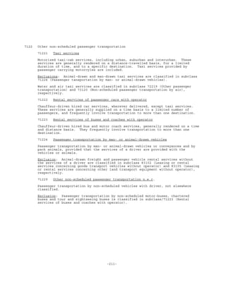 -211-
7122 Other non-scheduled passenger transportation
71221 Taxi services
Motorized taxi-cab services, including urban, suburban and interurban. These
services are generally rendered on a distance-travelled basis, for a limited
duration of time, and to a specific destination. Taxi services provided by
passenger carrying motorcyles are included.
Exclusions: Animal-drawn and man-drawn taxi services are classified in subclass
71224 (Passenger tansportation by man- or animal-drawn vehicles).
Water and air taxi services are classified in subclass 72219 (Other passenger
transportation) and 73120 (Non-scheduled passenger transportation by air),
respectively.
71222 Rental services of passenger cars with operator
Chauffeur-driven hired car services, wherever delivered, except taxi services.
These services are generally supplied on a time basis to a limited number of
passengers, and frequently involve transportation to more than one destination.
71223 Rental services of buses and coaches with operator
Chauffeur-driven hired bus and motor coach services, generally rendered on a time
and distance basis. They frequently involve transportation to more than one
destination.
71224 Passenger transportation by man- or animal-drawn vehicles
Passenger transportation by man- or animal-drawn vehicles or conveyances and by
pack animals, provided that the services of a driver are provided with the
vehicles or animals.
Exclusion: Animal-drawn freight and passenger vehicle rental services without
the services of a driver are classified in subclass 83102 (Leasing or rental
services concerning goods transport vehicles without operator) and 83105 (Leasing
or rental services concerning other land transport equipment without operator),
respectively.
71229 Other non-scheduled passenger transportation n.e.c.
Passenger transportation by non-scheduled vehicles with driver, not elsewhere
classified.
Exclusion: Passenger transportation by non-scheduled motor-buses, chartered
buses and tour and sightseeing buses is classified in subclass/71223 (Rental
services of buses and coaches with operator).
 