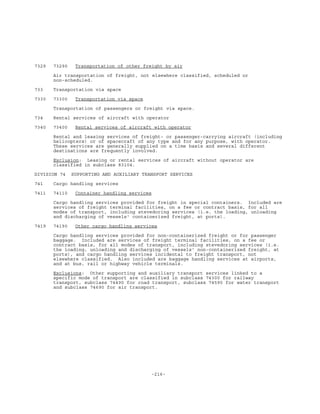 -216-
7329 73290 Transportation of other freight by air
Air transportation of freight, not elsewhere classified, scheduled or
non-scheduled.
733 Transportation via space
7330 73300 Transportation via space
Transportation of passengers or freight via space.
734 Rental services of aircraft with operator
7340 73400 Rental services of aircraft with operator
Rental and leasing services of freight- or passenger-carrying aircraft (including
helicopters) or of spacecraft of any type and for any purpose, with operator.
These services are generally supplied on a time basis and several different
destinations are frequently involved.
Exclusion: Leasing or rental services of aircraft without operator are
classified in subclass 83104.
DIVISION 74 SUPPORTING AND AUXILIARY TRANSPORT SERVICES
741 Cargo handling services
7411 74110 Container handling services
Cargo handling services provided for freight in special containers. Included are
services of freight terminal facilities, on a fee or contract basis, for all
modes of transport, including stevedoring services (i.e. the loading, unloading
and discharging of vessels' containerized freight, at ports).
7419 74190 Other cargo handling services
Cargo handling services provided for non-containerized freight or for passenger
baggage. Included are services of freight terminal facilities, on a fee or
contract basis, for all modes of transport, including stevedoring services (i.e.
the loading, unloading and discharging of vessels' non-containerized freight, at
ports), and cargo handling services incidental to freight transport, not
elsewhere classified. Also included are baggage handling services at airports,
and at bus, rail or highway vehicle terminals.
Exclusions: Other supporting and auxiliary transport services linked to a
specific mode of transport are classified in subclass 74300 for railway
transport, subclass 74490 for road transport, subclass 74590 for water transport
and subclass 74690 for air transport.
 