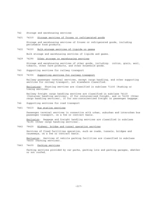 -217-
742 Storage and warehousing services
7421 74210 Storage services of frozen or refrigerated goods
Storage and warehousing services of frozen or refrigerated goods, including
perishable food products.
7422 74220 Bulk storage services of liquids or gases
Bulk storage and warehousing services of liquids and gases.
7429 74290 Other storage or warehousing services
Storage and warehousing services of other goods, including: cotton, grain, wool,
tobacco, other farm products, and other household goods.
743 Supporting services for railway transport
7430 74300 Supporting services for railway transport
Railway passenger terminal services, except cargo handling, and other supporting
services for railway transport, not elsewhere classified.
Exclusions: Shunting services are classified in subclass 71130 (Pushing or
towing services).
Railway freight cargo handling services are classified in subclass 74110
(Container handling services), if for containerized freight, and in 74190 (Other
cargo handling services), if for non-containerized freight or passenger baggage.
744 Supporting services for road transport
7441 74410 Bus station services
Passenger terminal services in connection with urban, suburban and interurban bus
passenger transport, on a fee or contract basis.
Exclusion: Baggage and freight handling services are classified in subclass
74190 (Other cargo handling services).
7442 74420 Highway, bridge and tunnel operation services
Services of fixed facilities operation, such as roads, tunnels, bridges and
causeways, on a fee or contract basis.
Exclusion: Services of vehicle parking facilities are classified in subclass
74430 (Parking services).
7443 74430 Parking services
Parking services provided by car parks, parking lots and parking garages, whether
or not roofed.
 