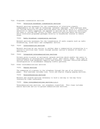 -223-
7524 Programme transmission services
75241 Television broadcast transmission services
Network services necessary for the transmission of television signals,
independently of the type of technology (network) employed. This subclass does
not include satellite-to-cable services where the provider sells T.V. signals via
satellite to cable companies (as opposed to selling use of satellite facilities)
nor does it include DTH (direct-to-home) satellite services where the provider
sells television programme packages directly to households located in remote
areas.
75242 Radio broadcast transmission services
Network services necessary for the transmission of audio signals such as radio
broadcasting, wired music and loudspeaker service.
7525 75250 Interconnection services
Network services by one carrier to another when a communication originating in a
carrier's territory must travel through another carrier's network to reach its
destination.
7526 75260 Integrated telecommunications services
Private point-to-point or multipoint network services which enable the users to
simultaneously or alternatively transmit voice, data and/or image. This type of
service offers high bandwidth capacity and flexible, customer controlled network
reconfiguration to accommodate changing traffic patterns.
7529 Other telecommunications services
75291 Paging services
The summoning of a person to the telephone through the use of an electronic
pager. This subclass includes tone, voice and digital display paging services.
75292 Teleconferencing services
Network and related services necessary to hold a one-way or two-way fully
interactive video conference.
75299 Other telecommunications services n.e.c.
Telecommunications services, not elsewhere classified. This class includes
mobile maritime and air-to-ground communications services.
 