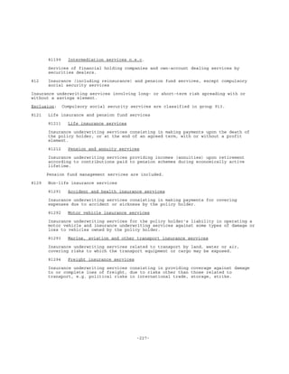 -227-
81199 Intermediation services n.e.c.
Services of financial holding companies and own-account dealing services by
securities dealers.
812 Insurance (including reinsurance) and pension fund services, except compulsory
social security services
Insurance underwriting services involving long- or short-term risk spreading with or
without a savings element.
Exclusion: Compulsory social security services are classified in group 913.
8121 Life insurance and pension fund services
81211 Life insurance services
Insurance underwriting services consisting in making payments upon the death of
the policy holder, or at the end of an agreed term, with or without a profit
element.
81212 Pension and annuity services
Insurance underwriting services providing incomes (annuities) upon retirement
according to contributions paid to pension schemes during economically active
lifetime.
Pension fund management services are included.
8129 Non-life insurance services
81291 Accident and health insurance services
Insurance underwriting services consisting in making payments for covering
expenses due to accident or sickness by the policy holder.
81292 Motor vehicle insurance services
Insurance underwriting services for the policy holder's liability in operating a
motor vehicle and insurance underwriting services against some types of damage or
loss to vehicles owned by the policy holder.
81293 Marine, aviation and other transport insurance services
Insurance underwriting services related to transport by land, water or air,
covering risks to which the transport equipment or cargo may be exposed.
81294 Freight insurance services
Insurance underwriting services consisting in providing coverage against damage
to or complete loss of freight, due to risks other than those related to
transport, e.g. political risks in international trade, storage, strike.
 