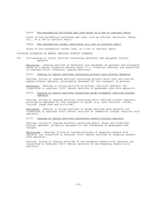 -233-
82205 Non-residential buildings and land sales on a fee or contract basis
Sales of non-residential buildings and land, such as offices, factories, shops,
etc., on a fee or contract basis.
82206 Non-residential vacant land sales on a fee or contract basis
Sales of non-residential vacant land, on a fee or contract basis.
DIVISION 83LEASING OR RENTAL SERVICES WITHOUT OPERATOR
831 8310 Leasing or rental services concerning machinery and equipment without
operator
Exclusion: Leasing services of machinery and equipment of personal and household
goods on a purely financial service basis (i.e. financial leasing) are classified
in subclass 81120 (Financial leasing services).
83101 Leasing or rental services concerning private cars without operator
Renting, hiring or leasing services concerning private motor cars and station
wagons without operator, principally designed for the transport of persons.
Exclusion: Renting or hiring services of private cars with operator are
classified in subclass 71222 (Rental services of passenger cars with operator).
83102 Leasing or rental services concerning goods transport vehicles without
operator
Renting, hiring or leasing services concerning motor vehicles without operator,
principally designed for the transport of goods (e.g. semi-trailers, trucks,
lorries, cargo vans and utilities).
Exclusion: Renting or hiring services of goods vehicles with operator are
classified in subclass 71240 (Rental services of commercial freight vehicles with
operator).
83103 Leasing or rental services concerning vessels without operator
Renting, hiring or leasing services concerning boats, ships and hovercraft
without operator, primarily designed for the conveyance of passengers and
freight.
Exclusions: Renting, hiring or leasing services of seagoing vessels with
operator are classified in subclass 72130 (Rental services of seagoing vessels
with operator).
Renting, hiring or leasing services of non-seagoing vessels with operator are
classified in subclass 72230 (Rental services of non-seagoing vessels with
operator).
 