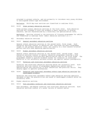 -270-
attached to primary schools, and aim primarily to introduce very young children
to anticipated school-type environment.
Exclusion: Child day-care services are classified in subclass 93321.
9219 92190 Other primary education services
Other primary school education services at the first level. Such education
services are intended to give the students a basic education in diverse
subjects, and are characterized by a relatively low specialization level.
Exclusion: Services related to the provision of literacy programmes for adults
are classified in subclass 92400 (Adult education services n.e.c.).
922 Secondary education services
9221 92210 General secondary education services
General school education services at the second level, first stage. Such
education services consist of education that continues the basic programmes
taught at the primary education level, but usually on a more subject-oriented
pattern and with some beginning specialization.
9222 92220 Higher secondary education services
General school education services at the second level, second stage. Such
education services consist of general education programmes covering a wide
variety of subjects involving more specialization than at the first stage. The
programmes intend to qualify students either for technical or vocational
education or for university entrance without any special subject prerequisite.
9223 92230 Technical and vocational secondary education services
Technical and vocational education services below the university level. Such
education services consist of programmes emphasizing subject-matter
specialization and instruction in both theoretical and practical skills. They
usually apply to specific professions.
9224 92240 Technical and vocational secondary school-type education services for
handicapped students
Technical and vocational secondary school-type education services specially
designed to meet the possibilities and needs of handicapped students below the
university level.
923 Higher education services
9231 92310 Post-secondary technical and vocational education services
Post-secondary, sub-degree technical and vocational education services. Such
education services consist of a great variety of subject-matter
 