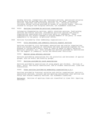 -278-
worship services, evangelistic and missionary services, specialized religious
services such as marriage services, services for the dead, confirmation
services, baptismal and christening services, etc. Religious services,
including retreat services provided by houses of religious orders. Services
related to religion and religious services, not elsewhere classified.
9592 95920 Services furnished by political organizations
Information dissemination services, public relations services, fund-raising
services and similar services, provided by political parties and similar
organizations associated with a political party or candidates. These
organizations are chiefly engaged in placing members of the party, or those
sympathetic to the party, in political office.
9599 Services furnished by other membership organizations n.e.c.
95991 Civic betterment and community facility support services
Services provided by civic betterment associations and similar organizations
which are chiefly composed of individuals who have associated together for the
purpose of furthering a public cause or issue by means of public education,
political influence, etc. Also included are services provided by associations
for the support of community, social and educational facilities.
95992 Special group advocacy services
Services provided by associations for the protection and betterment of special
groups, such as ethnic and minority groups.
95993 Services provided by youth associations
Services provided by associations of young people and children. Services of
boys', girls' and similar associations, and of student associations, clubs and
fraternities.
95999 Other services provided by membership organizations n.e.c.
Services provided by fraternal societies and similar organizations, patriotic
association services, cultural and non-sporting recreational club services and
social and related community services, not elsewhere classified.
Exclusion: Services of sporting clubs are classified in class 9641 (Sporting
services).
 