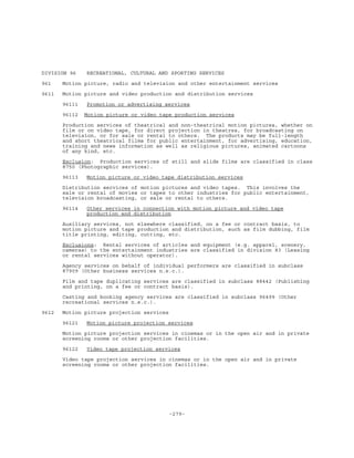 -279-
DIVISION 96 RECREATIONAL, CULTURAL AND SPORTING SERVICES
961 Motion picture, radio and television and other entertainment services
9611 Motion picture and video production and distribution services
96111 Promotion or advertising services
96112 Motion picture or video tape production services
Production services of theatrical and non-theatrical motion pictures, whether on
film or on video tape, for direct projection in theatres, for broadcasting on
television, or for sale or rental to others. The products may be full-length
and short theatrical films for public entertainment, for advertising, education,
training and news information as well as religious pictures, animated cartoons
of any kind, etc.
Exclusion: Production services of still and slide films are classified in class
8750 (Photographic services).
96113 Motion picture or video tape distribution services
Distribution services of motion pictures and video tapes. This involves the
sale or rental of movies or tapes to other industries for public entertainment,
television broadcasting, or sale or rental to others.
96114 Other services in connection with motion picture and video tape
production and distribution
Auxiliary services, not elsewhere classified, on a fee or contract basis, to
motion picture and tape production and distribution, such as film dubbing, film
title printing, editing, cutting, etc.
Exclusions: Rental services of articles and equipment (e.g. apparel, scenery,
cameras) to the entertainment industries are classified in division 83 (Leasing
or rental services without operator).
Agency services on behalf of individual performers are classified in subclass
87909 (Other business services n.e.c.).
Film and tape duplicating services are classified in subclass 88442 (Publishing
and printing, on a fee or contract basis).
Casting and booking agency services are classified in subclass 96499 (Other
recreational services n.e.c.).
9612 Motion picture projection services
96121 Motion picture projection services
Motion picture projection services in cinemas or in the open air and in private
screening rooms or other projection facilities.
96122 Video tape projection services
Video tape projection services in cinemas or in the open air and in private
screening rooms or other projection facilities.
 