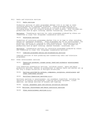 -280-
9613 Radio and television services
96131 Radio services
Production services of radio programmes whether live or on tape or other
recording medium for subsequent broadcast. These programmes may be for
entertainment, for promotion, education or training or news dissemination,
including plays that are normally produced in radio studios. Also included are
productions such as sport covering, weather forecasting, interviews, etc.
Exclusion: Transmission services for radio programmes produced by others are
classified in class 7524 (Programme transmission services).
96132 Television services
Production of television programmes whether live or on tape or other recording
medium for subsequent broadcast. These programmes may be for entertainment, for
promotion, education or training or news dissemination, including pictures or
plays that are normally produced in television studios. Also included are
productions such as sport covering, weather forecast, interviews, etc.
Exclusion: Transmission services for television programmes produced by others
are classified in class 7524 (Programme transmission services).
96133 Combined programme making and broadcasting services
Combined services of both producing and transmitting radio and television
programmes.
9619 Other entertainment services
96191 Theatrical producer, singer group, band and orchestra entertainment
services
Live theatrical presentation services, including concert, opera and dance
production services, whether on professional or amateur basis and whether set up
for only a single attraction or multiple attractions.
96192 Services provided by authors, composers, sculptors, entertainers and
other individual artists
96193 Ancillary theatrical services n.e.c.
Ancillary services to entertainment, not elsewhere classified, including the
operation of scenery and backdrops, lighting and sound equipment, ticket
agencies, and design services of scenery and lighting.
96194 Circus, amusement park and similar attraction services
96195 Ballroom, discotheque and dance instructor services
96199 Other entertainment services n.e.c.
 