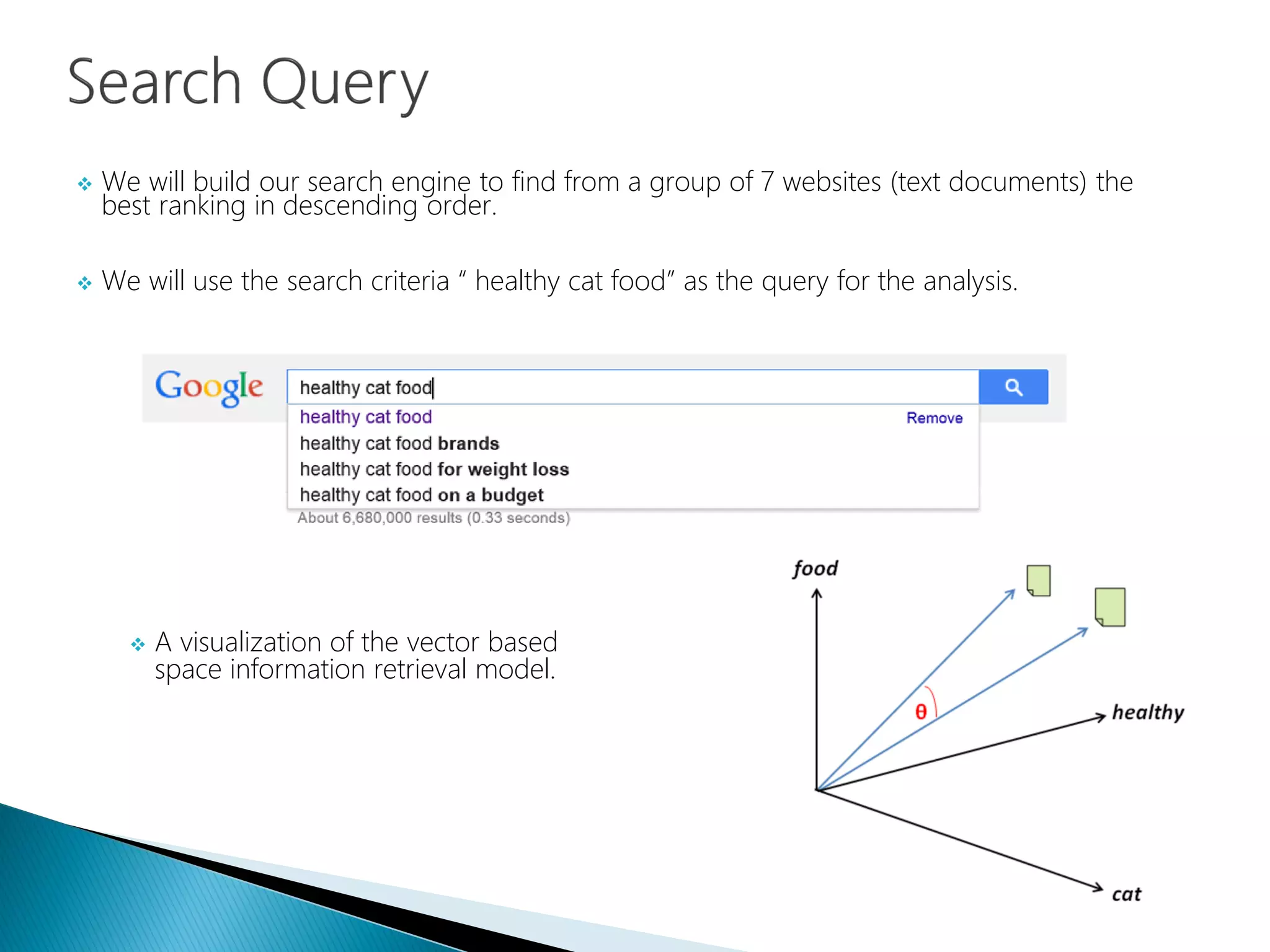  We will build our search engine to find from a group of 7 websites (text documents) the
best ranking in descending order.
 We will use the search criteria “ healthy cat food” as the query for the analysis.
 A visualization of the vector based
space information retrieval model.
 