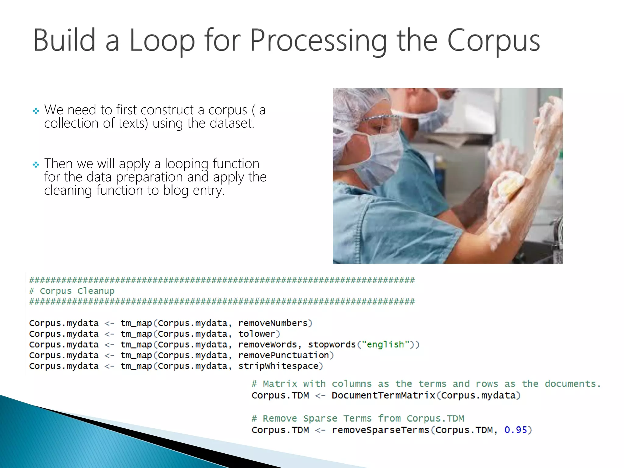  We need to first construct a corpus ( a
collection of texts) using the dataset.
 Then we will apply a looping function
for the data preparation and apply the
cleaning function to blog entry.
 